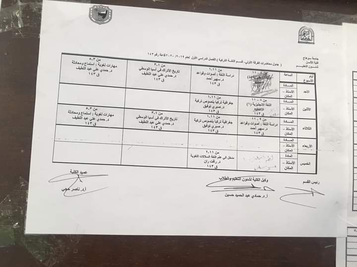 جداول لجميع الاقسام والفرق بكلية لعام 2019/2020