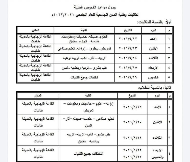 جدول مواعيد الفحوص الطبية لطالبات وطلبة المدن الجامعية للعام الجامعي 2021/2022