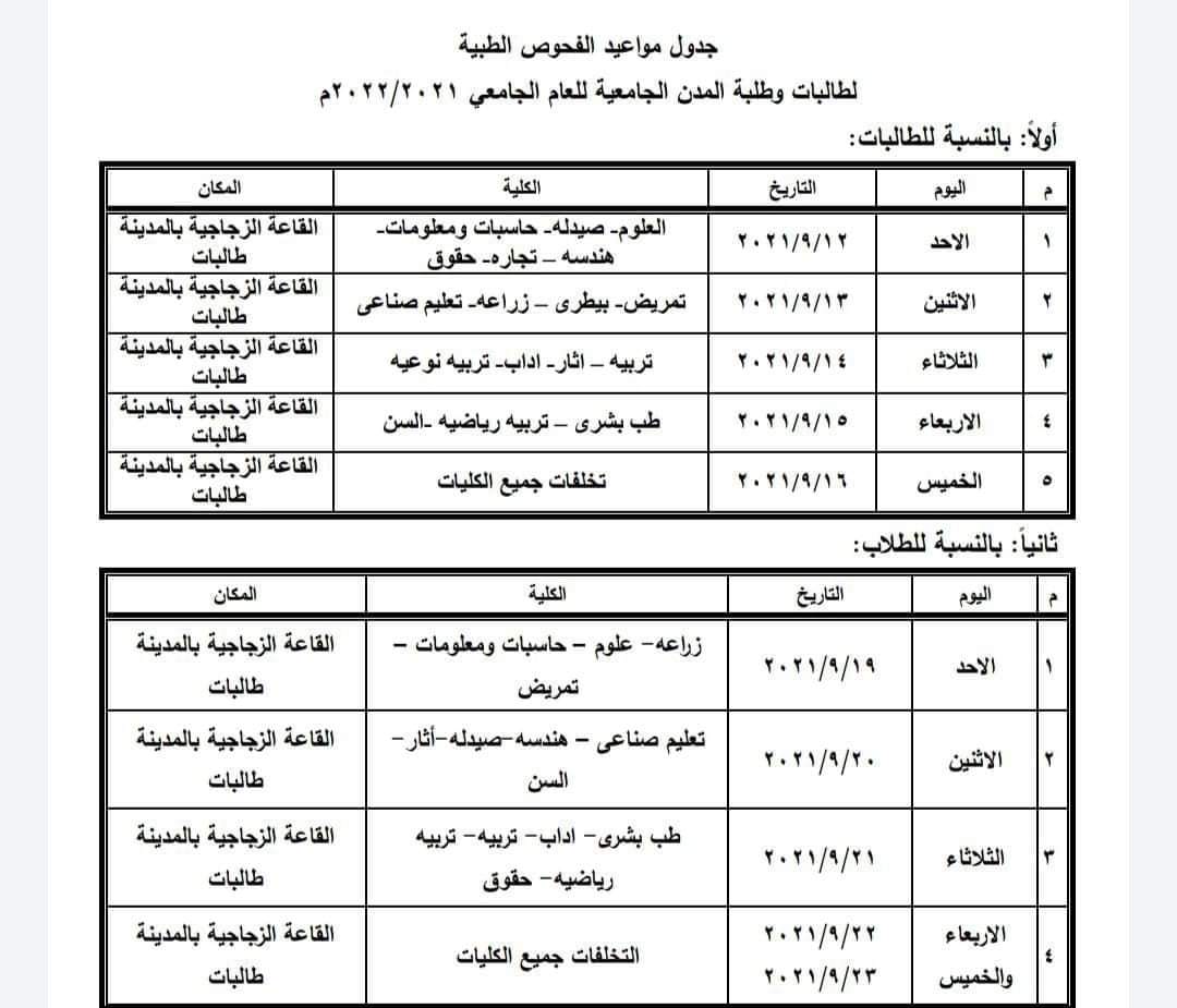 جدول مواعيد الفحوص الطبية لطالبات وطلبة المدن الجامعية للعام الجامعي 2021/2022