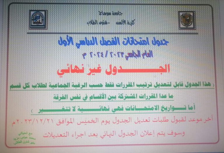 الجدول وخدوا بالكم طلاب المستوى الأول اللي عندهم امتحان شفوي استماع َمحادثه يوم الأربعاء 22_5_2024 ونازل منشور اخر بخصوصهم