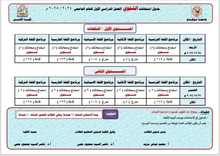 للتذكرة امتحان الشفوي المستوى الأول والمستوى الثاني
