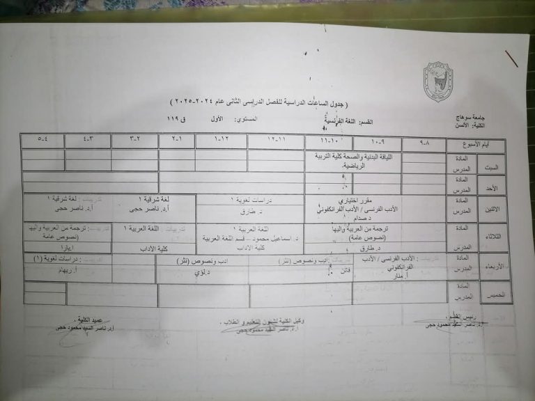 جدول محاضرات قسم اللغة الفرنسية الترم الثاني ٢٠٢٥