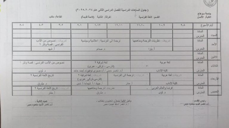جدول قسم اللغة الفرنسية لائحة قديمة الترم الثاني ٢٠٢٥