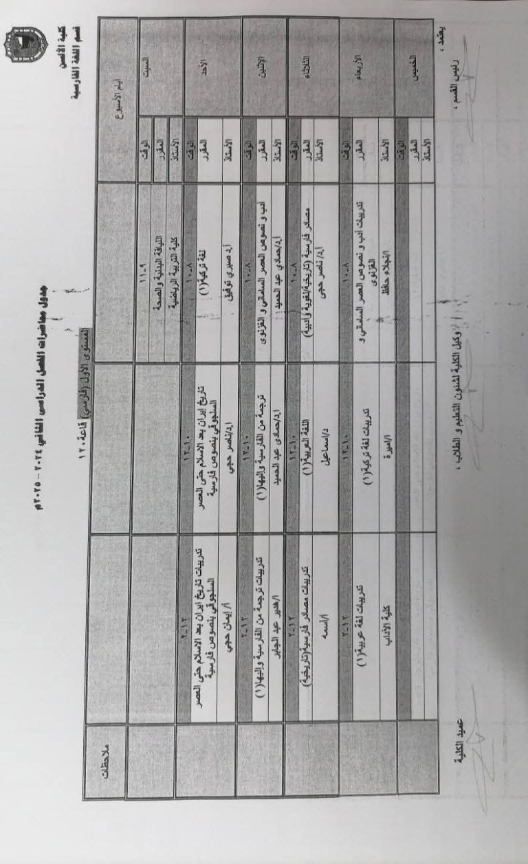 جدول قسم اللغة الفارسية الترم الثاني ٢٠٢٥م