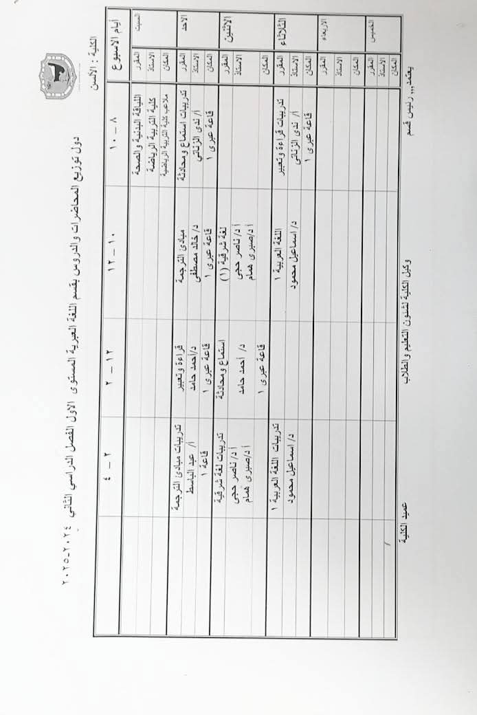 جدو محاضرات قسم اللغة العبرية الترم الثاني 2025