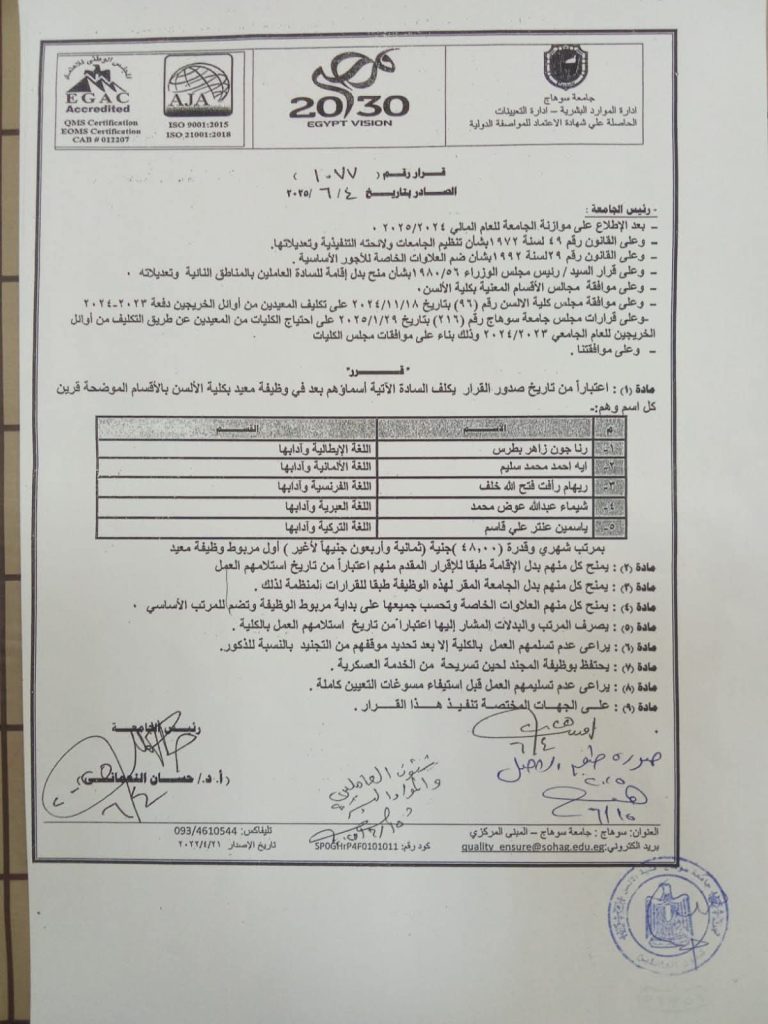 يتقدم الاستاذ الدكتور صبري توفيق همام عميد كلية الألسن بخالص التهاني والتبريكات للمعدين الجدد لصدور قرار تعينهم